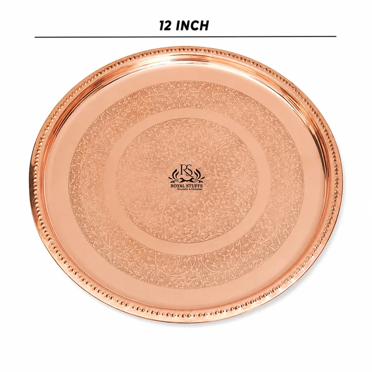 12 Inches Pure Copper Thali Plate with Floral Design, Home Hotel Restaurant, Dinnerware and Serveware - Set of 4 - Royalstuffs.com