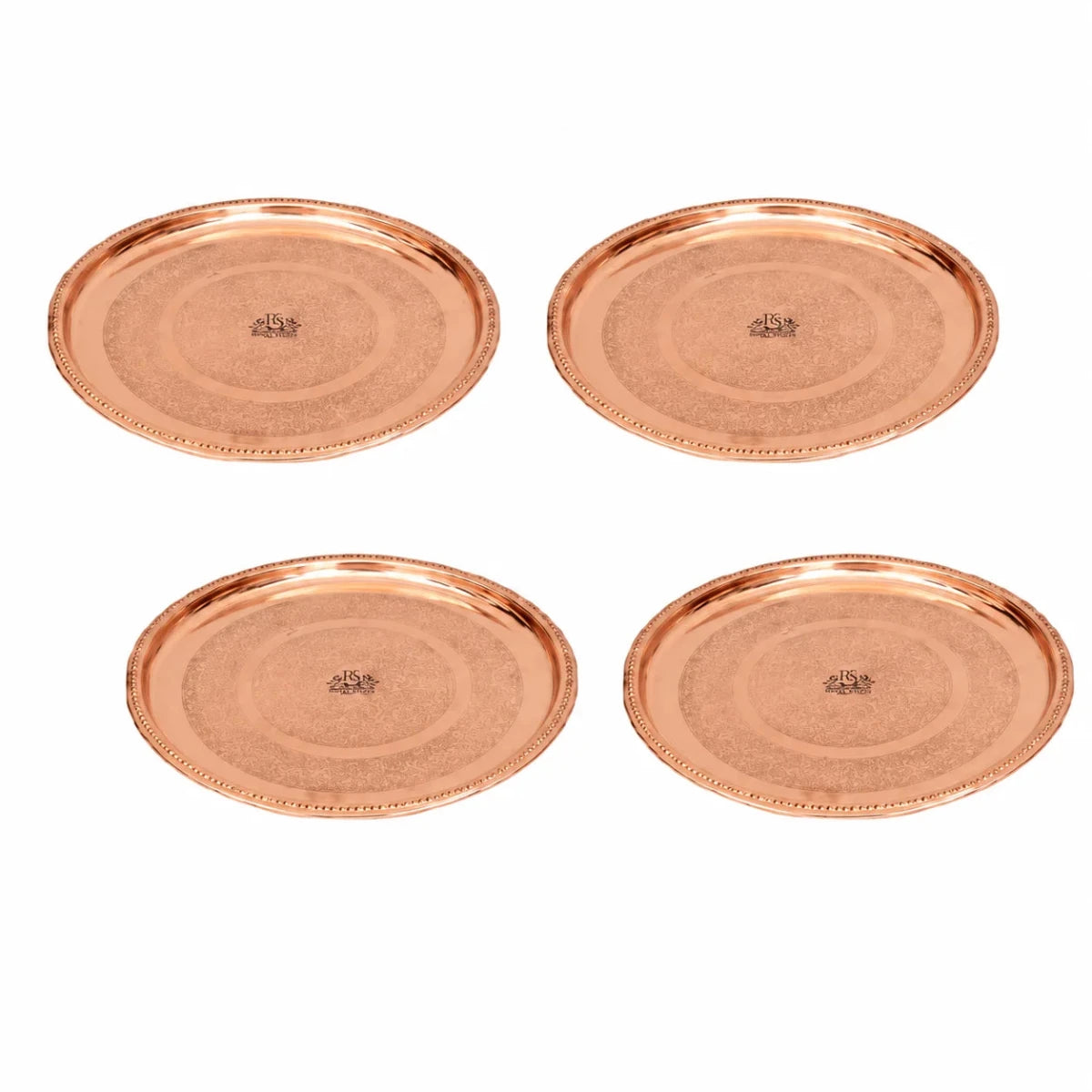 12 Inches Pure Copper Thali Plate with Floral Design, Home Hotel Restaurant, Dinnerware and Serveware - Set of 4 - Royalstuffs.com