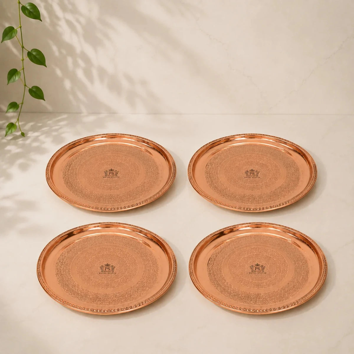 12 Inches Pure Copper Thali Plate with Floral Design, Home Hotel Restaurant, Dinnerware and Serveware - Set of 4 - Royalstuffs.com