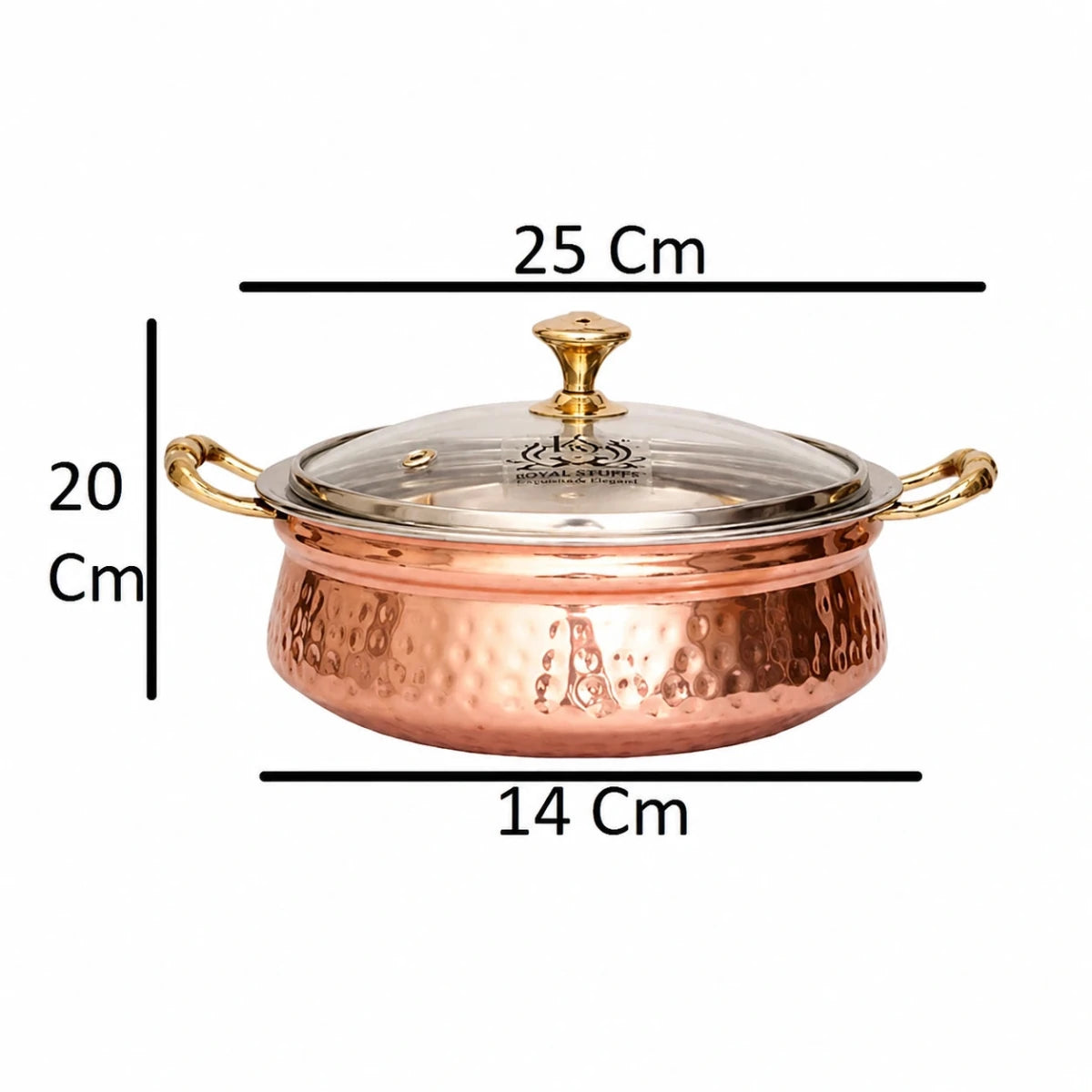 1300 ML Steel Copper Hammered Design Handi/Bowl/Casserole with Toughened Glass Lid - Royalstuffs.com