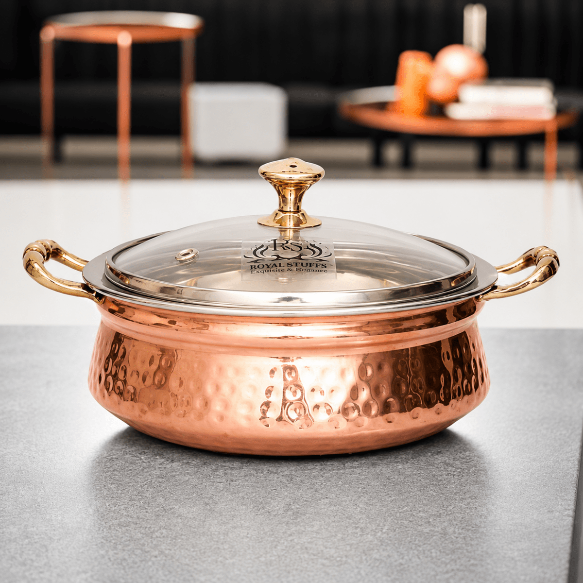1300 ML Steel Copper Hammered Design Handi/Bowl/Casserole with Toughened Glass Lid - Royalstuffs.com