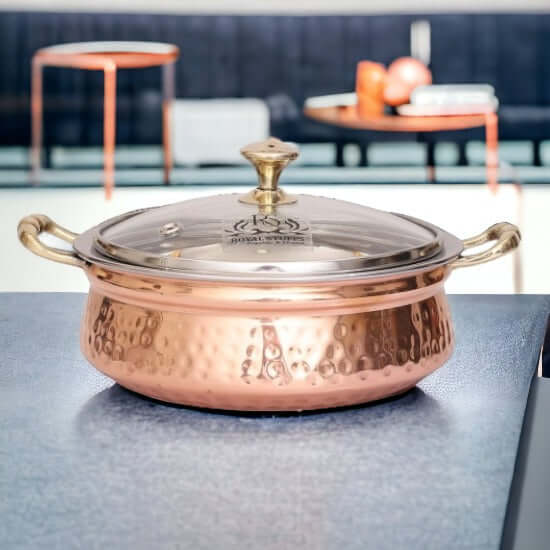 1300 ML Steel Copper Hammered Design Handi/Bowl/Casserole with Toughened Glass Lid - Royalstuffs.com