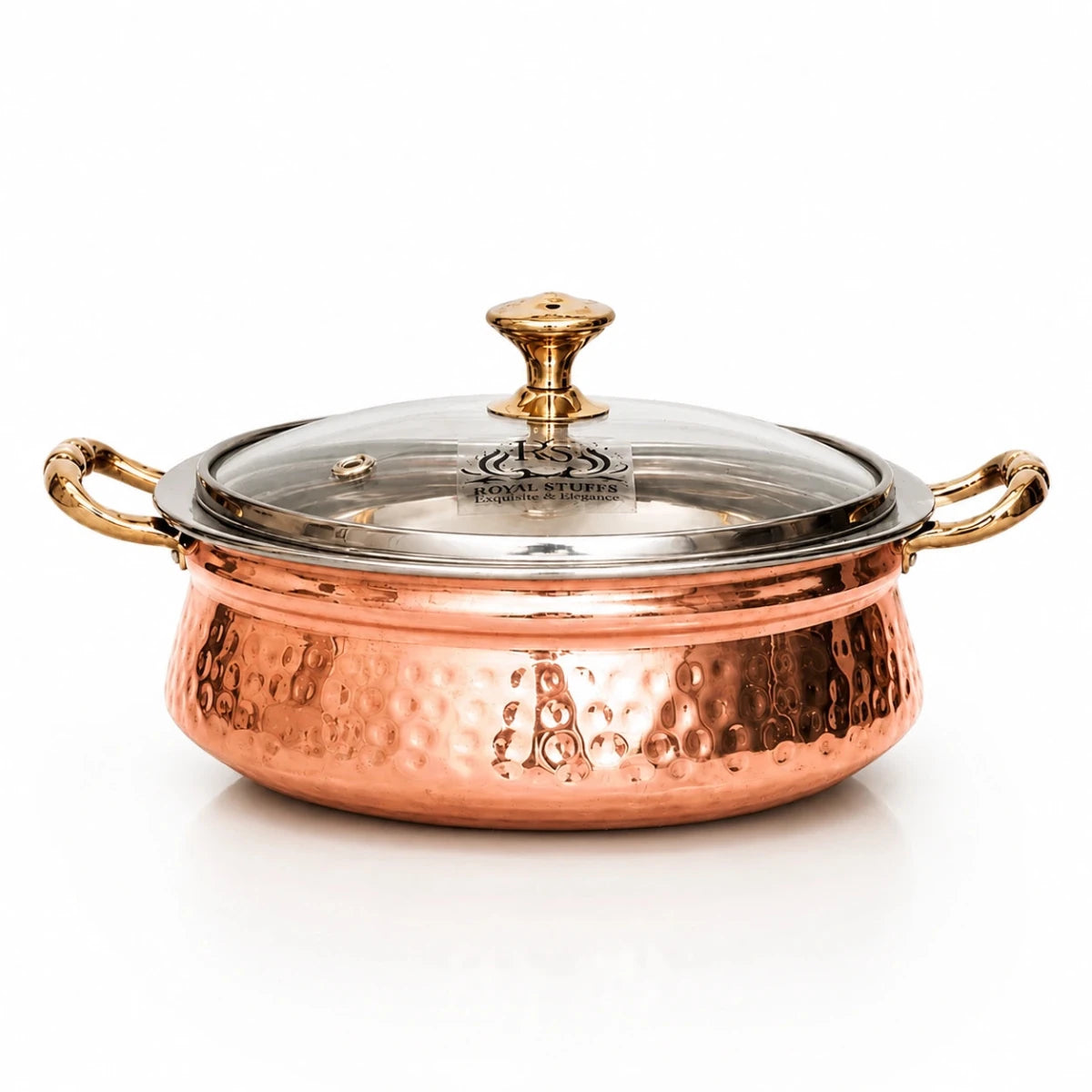 1300 ML Steel Copper Hammered Design Handi/Bowl/Casserole with Toughened Glass Lid - Royalstuffs.com