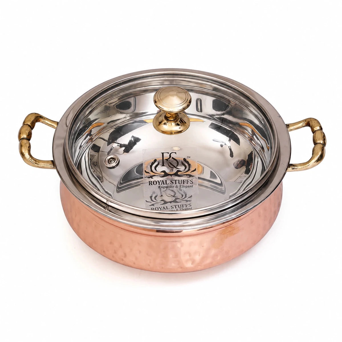 1300 ML Steel Copper Hammered Design Handi/Bowl/Casserole with Toughened Glass Lid - Royalstuffs.com
