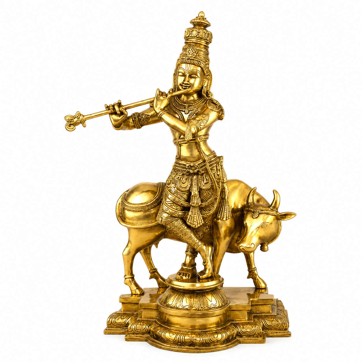 Brass Krishna with His Cow, Golden Color,Height:25 Inch,Weight:23.5 Kg.