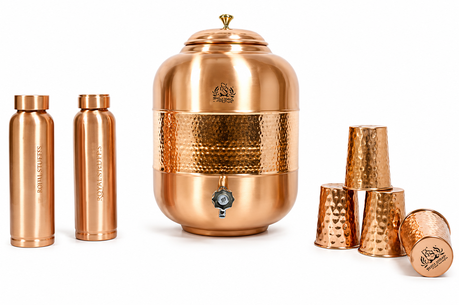 ROYALSTUFFS Pure Copper Drinkware Water Dispenser | Hammered Finish | Ayurveda Health Healing 8 Liters Storage Water Container Tank with Set of 4 Tumbler Glasses and 2 Copper Bottle