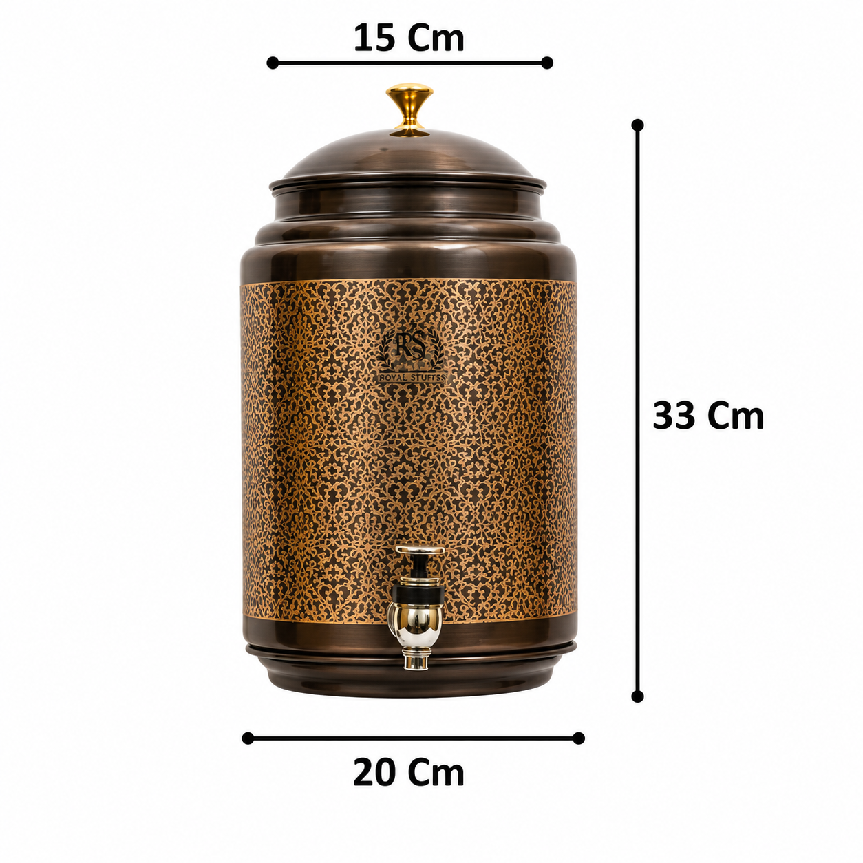 ROYALSTUFFS 8 Liter Copper Embossed Black Water Dispenser Tank + 3 Glass & Stand with 1000 Ml Copper Bottle Handmade Copper Container | Anniversary, Birthday, Wedding Etc.