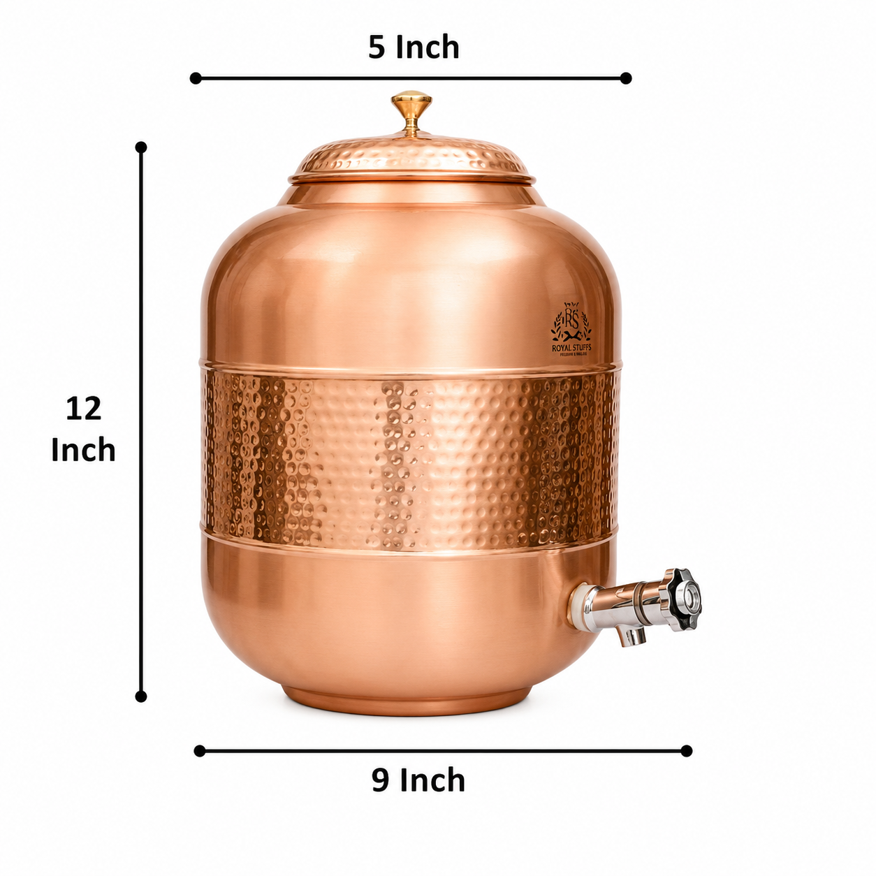 ROYALSTUFFS Pure copper Drinkware Water Dispenser Hammered Finish- Ayurveda Health Healing 8 Liter Storage Container Tank with Set of 2 Tumbler Glasses and 1 copper Bottle