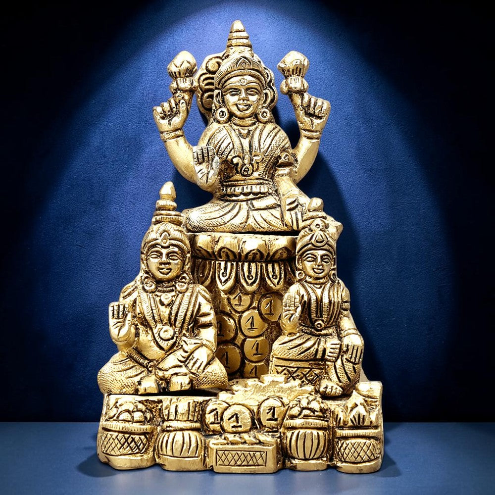 Brass Lord Kubera with Goddess Lakshmi and Ridhhi Idol Murti (One Piece)