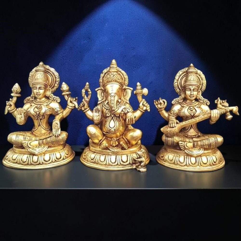 Brass Ganesha, Lakshmi, and Saraswathi Big Statue Set-Height:10 Inch ,Weight:17 Kg