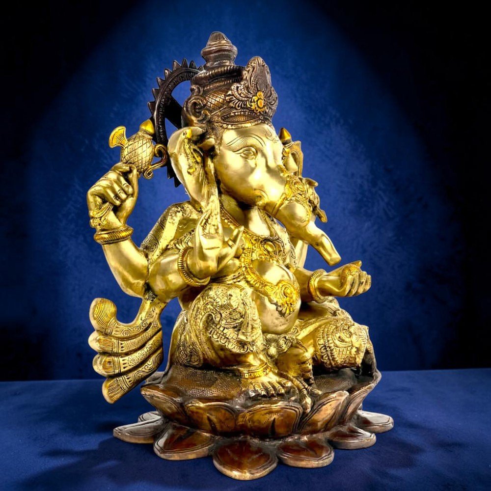 Front View of 22 Inch Brass Lord Ganesha Statue Seated on Lotus with Handmade Triple Chola Finish