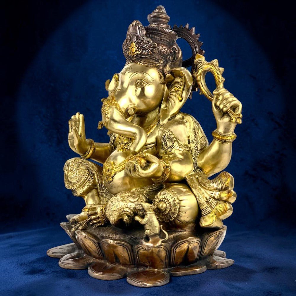 Front View of 22 Inch Brass Lord Ganesha Statue Seated on Lotus with Handmade Triple Chola Finish