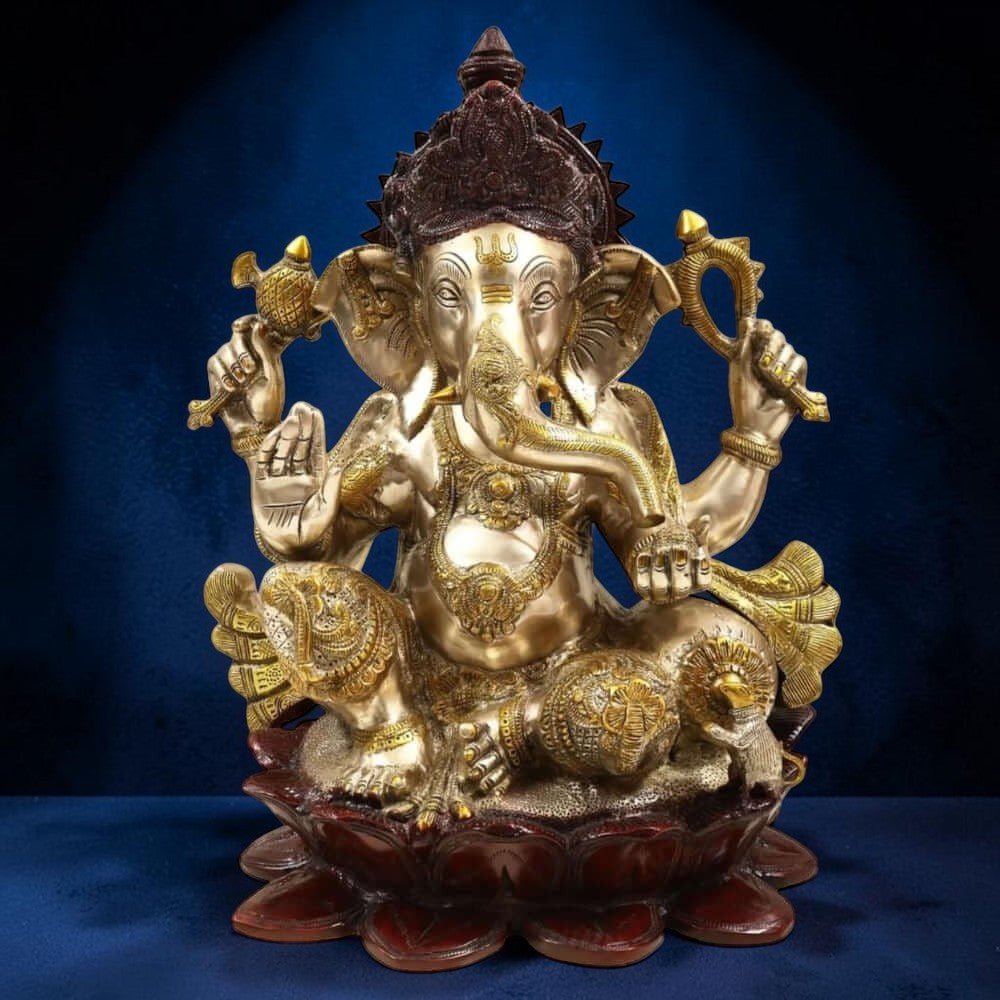 22 Inch Large Brass Lord Ganesha Statue Seated on Lotus for Home Temple, Handmade Triple Chola Finish