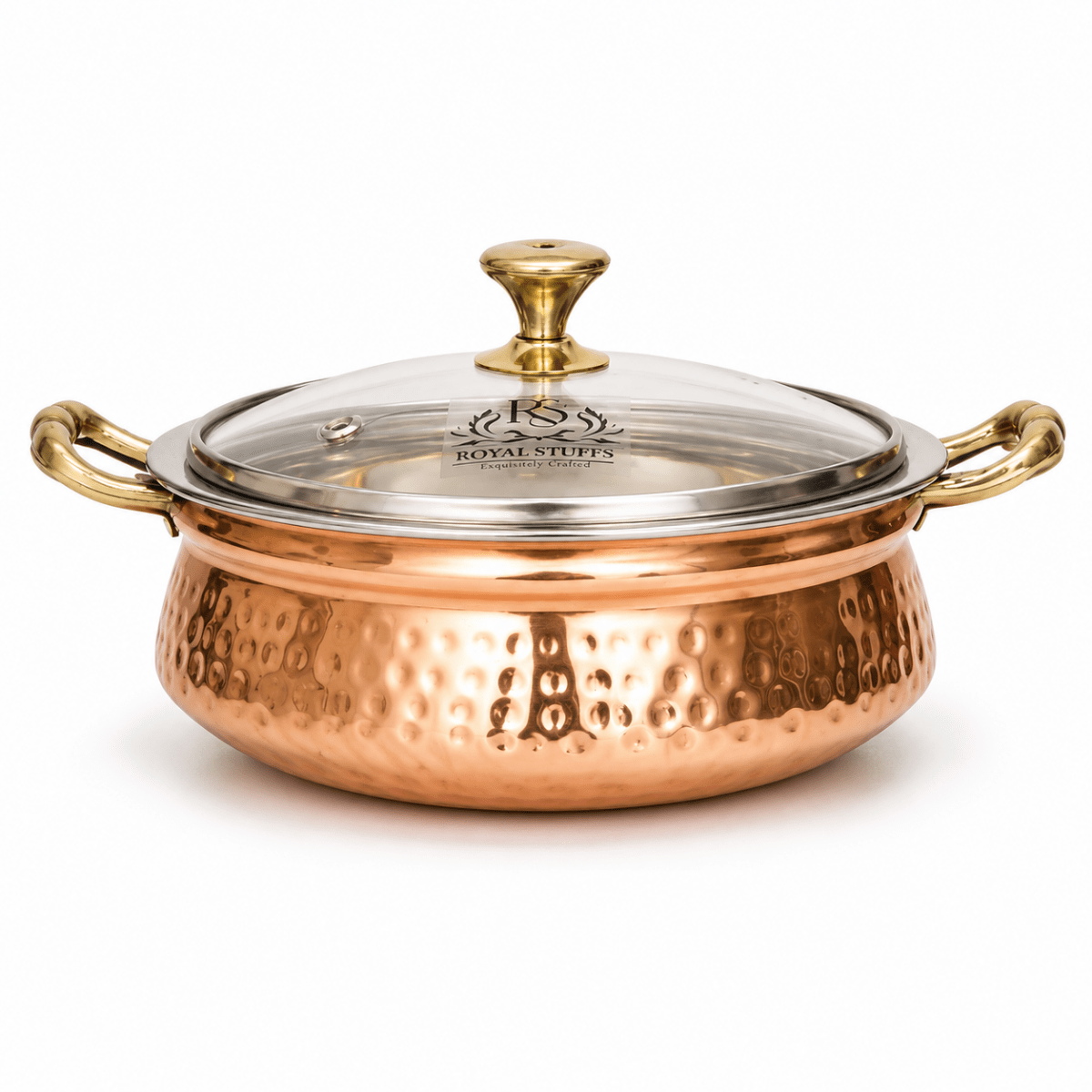 2200 ML Copper Hammered Handi/Bowl/Casserole Set with Glass Lid - Royalstuffs.com