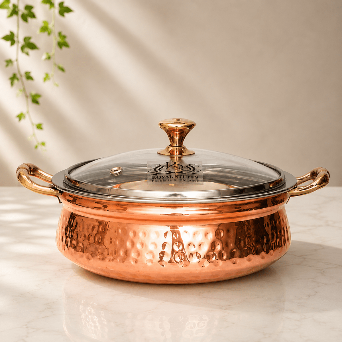 2200 ML Copper Hammered Handi/Bowl/Casserole Set with Glass Lid - Royalstuffs.com