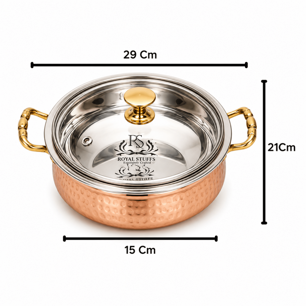 2200 ML Copper Hammered Handi/Bowl/Casserole Set with Glass Lid - Royalstuffs.com