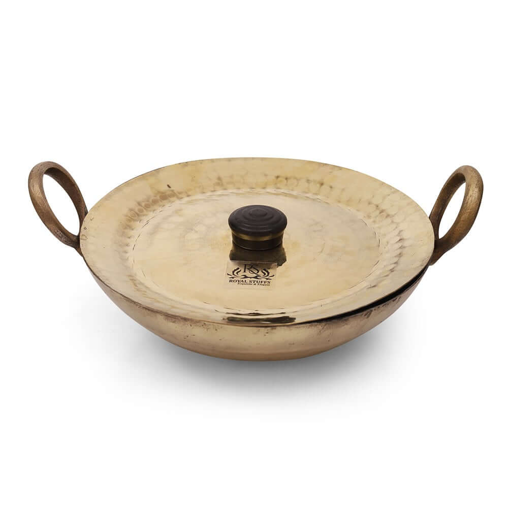 2500 ML Heavy Handmade Brass Kadhai with Lid, Tin/kalai Coating - Royalstuffs.com
