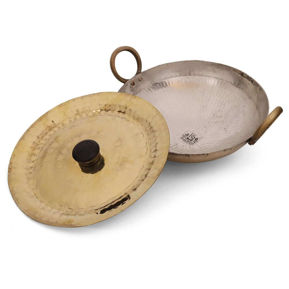 2500 ML Heavy Handmade Brass Kadhai with Lid, Tin/kalai Coating - Royalstuffs.com
