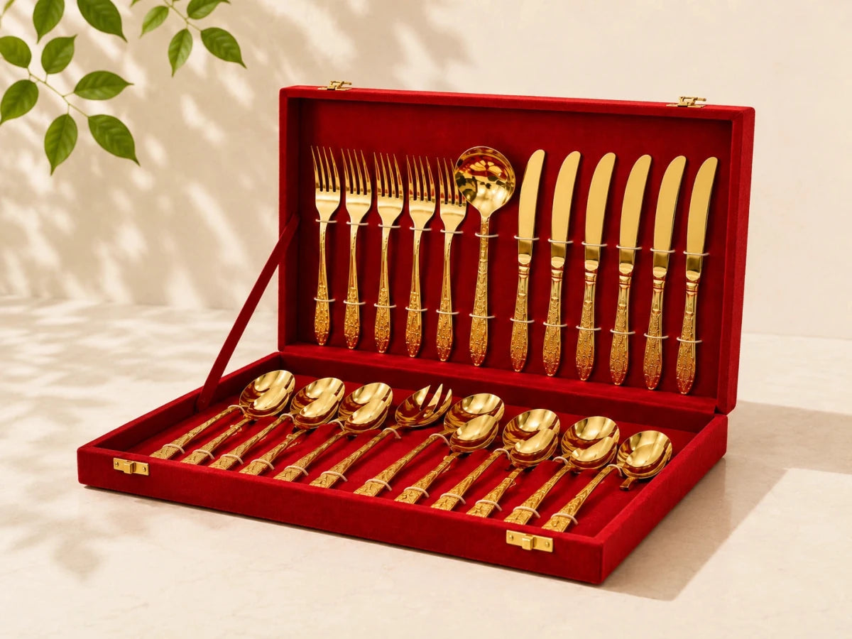 27-Piece Brass Cutlery Set in Premium Red Velvet Box – Royal Dining & Gifting Collection | RoyalStuffs - Royalstuffs.com