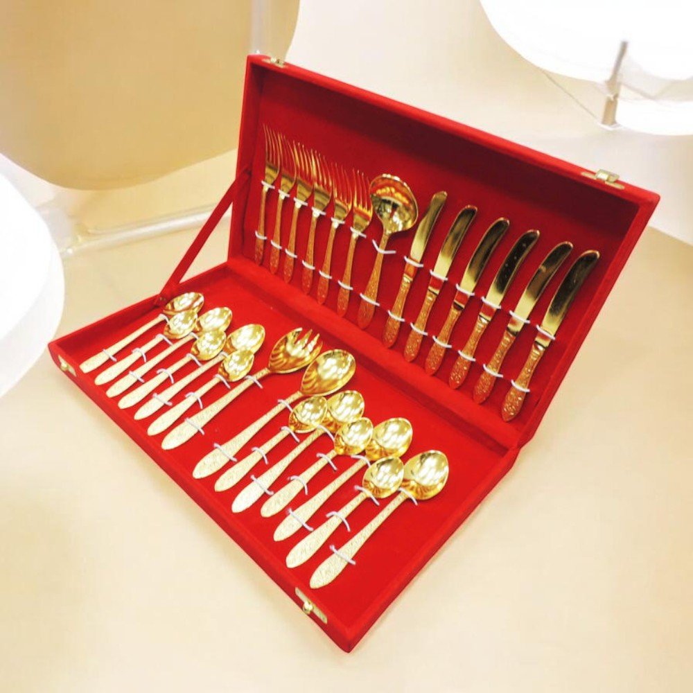 27-Piece Brass Cutlery Set in Premium Red Velvet Box – Royal Dining & Gifting Collection | RoyalStuffs - Royalstuffs.com