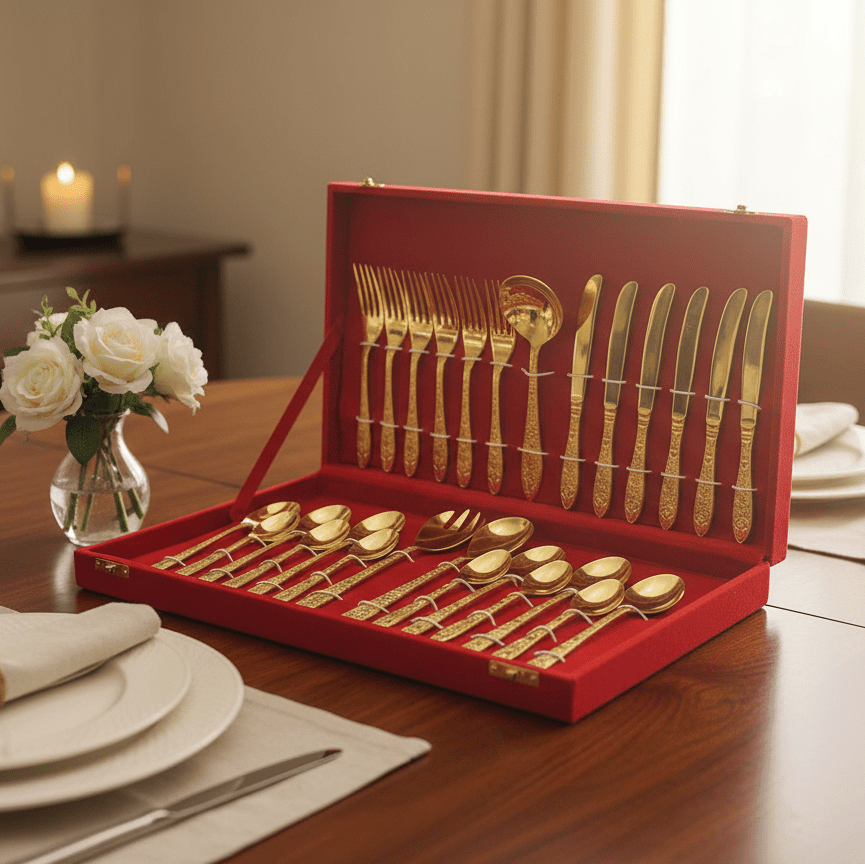 27-Piece Brass Cutlery Set in Premium Red Velvet Box – Royal Dining & Gifting Collection | RoyalStuffs - Royalstuffs.com