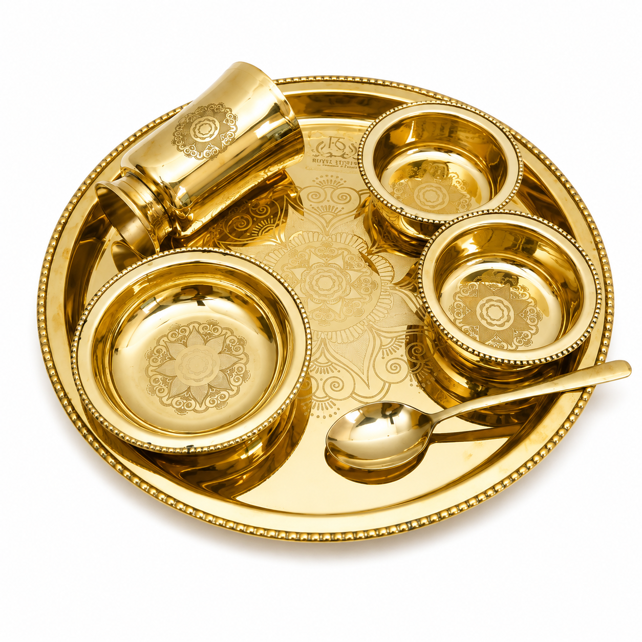 6 Items Brass Thali set, 1 Thali  2 Bowls, 1 Dessert Plate , 1 Glass and 1 Spoon Dinner Set  (Gold)