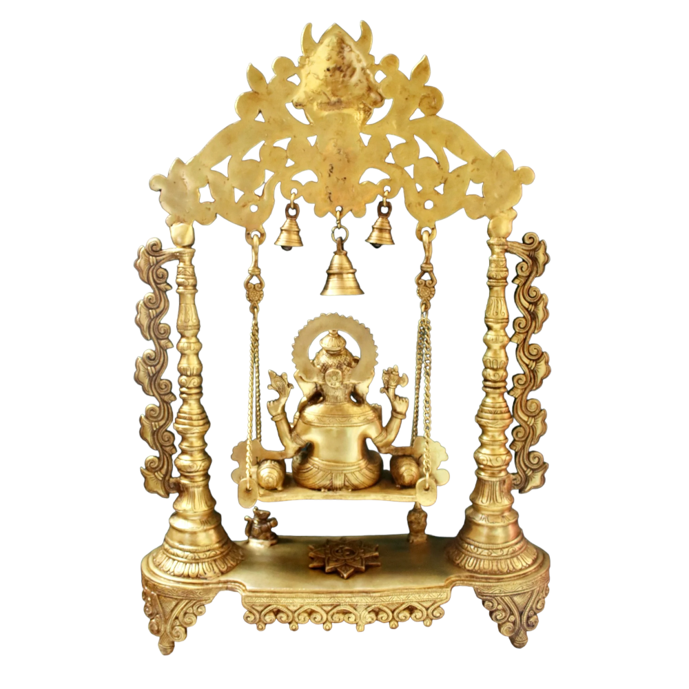 Brass Ganesha Idol Murti Sitting on Jhula for Worship Temple Home, 66 cm HEIGHT