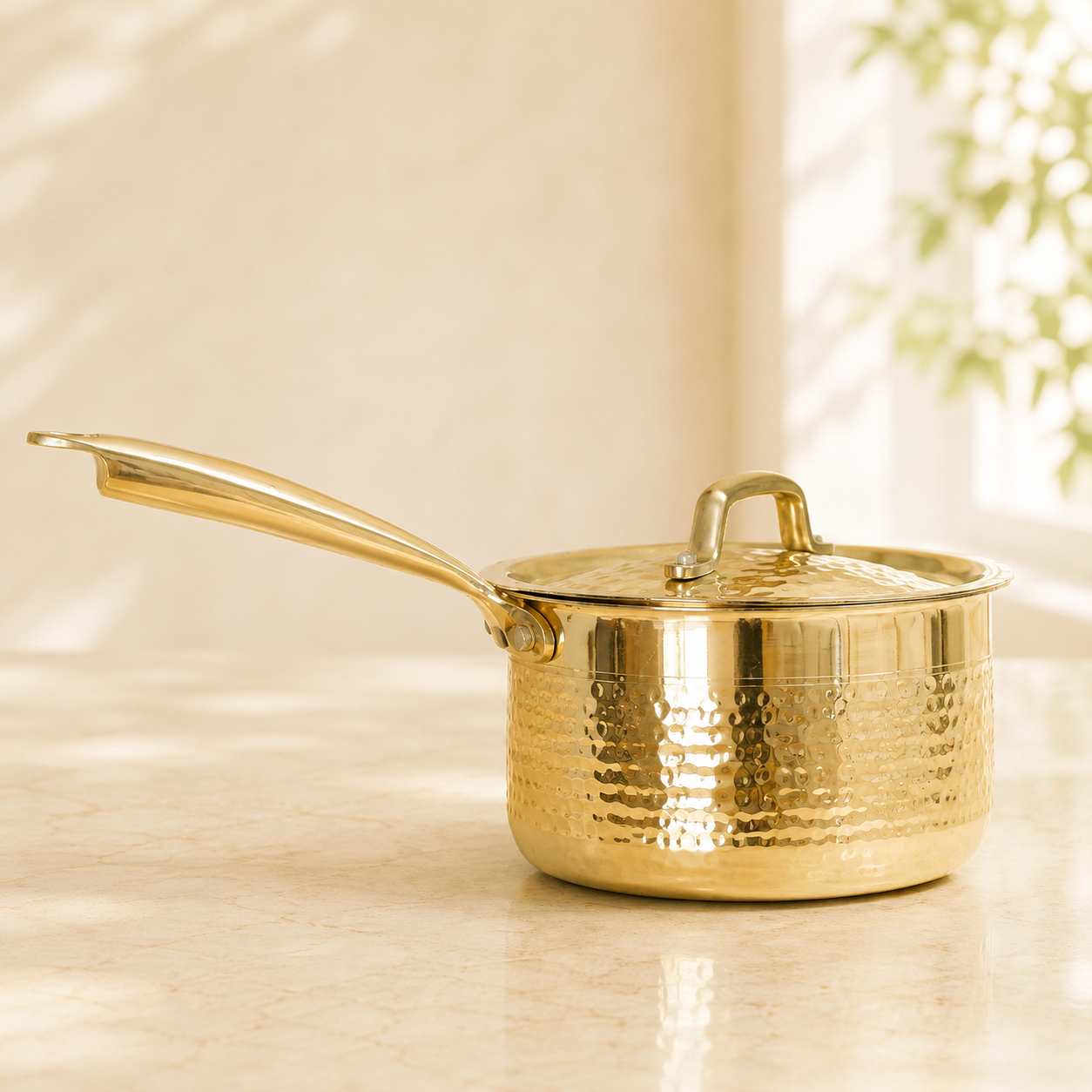 Handcrafted Hammered Brass Sauce Pan with Lid & Broad Handle | RoyalStuffs