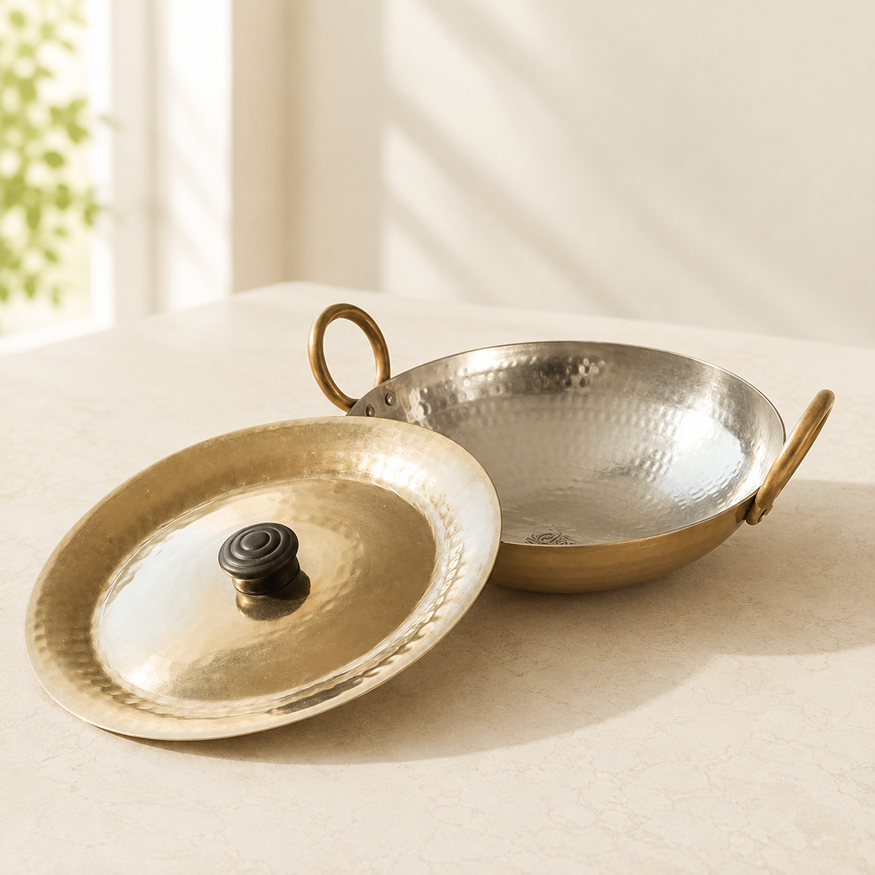 Round Base Handmade Brass Kadhai with Tin (Kalai) Coating & Brass Lid