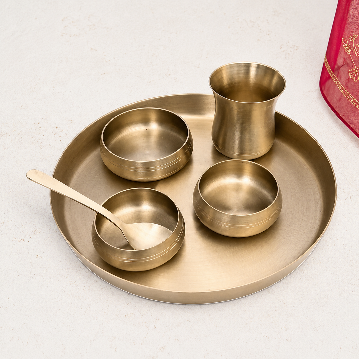 Pure Kansa Thali Set – 6 Piece | Curved Design Bronze