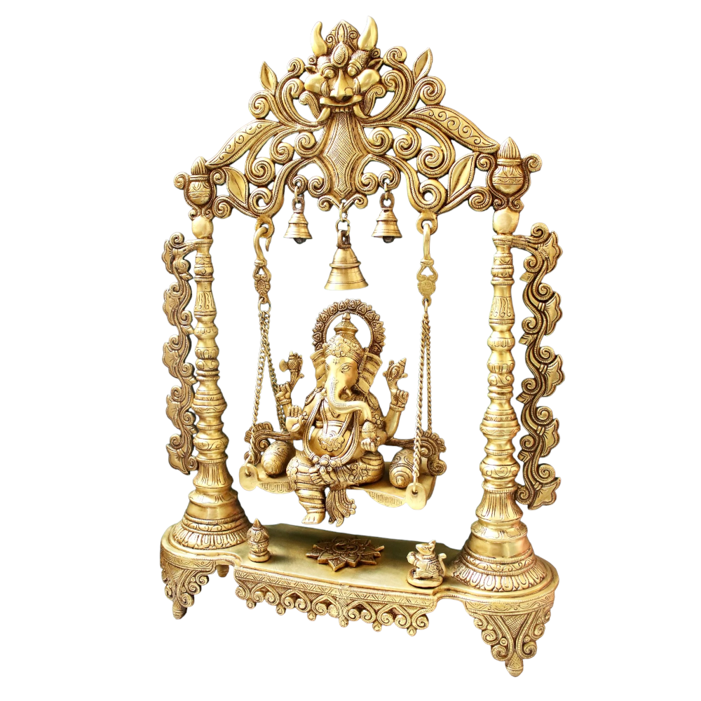 Brass Ganesha Idol Murti Sitting on Jhula for Worship Temple Home, 66 cm HEIGHT