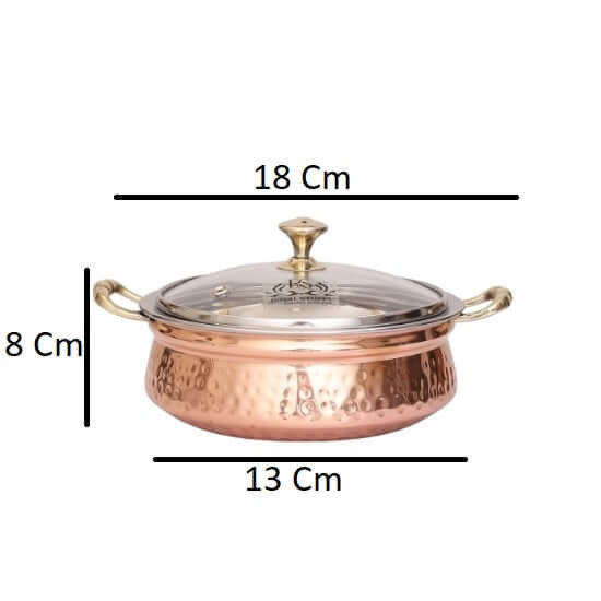 400 ML Steel Copper Hammered Design Handi/Bowl/Casserole with Toughened Glass Lid - Royalstuffs.com