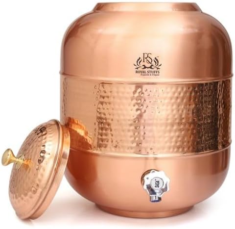 ROYALSTUFFS Pure copper Drinkware Water Dispenser Hammered Finish- Ayurveda Health Healing 8 Liter Storage Container Tank with Set of 2 Tumbler Glasses and 1 copper Bottle