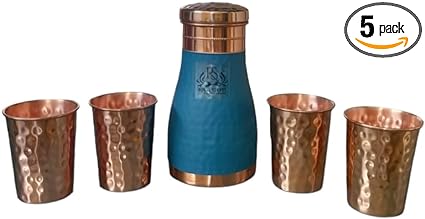 ROYALSTUFFS Pure Copper Bedside Water Carafe |Premium Quality Copper Bottle with 4 Hammered Glasses Tumbler for Water| Leak Proof | Ayurvedic Health Benefits -1000 ml