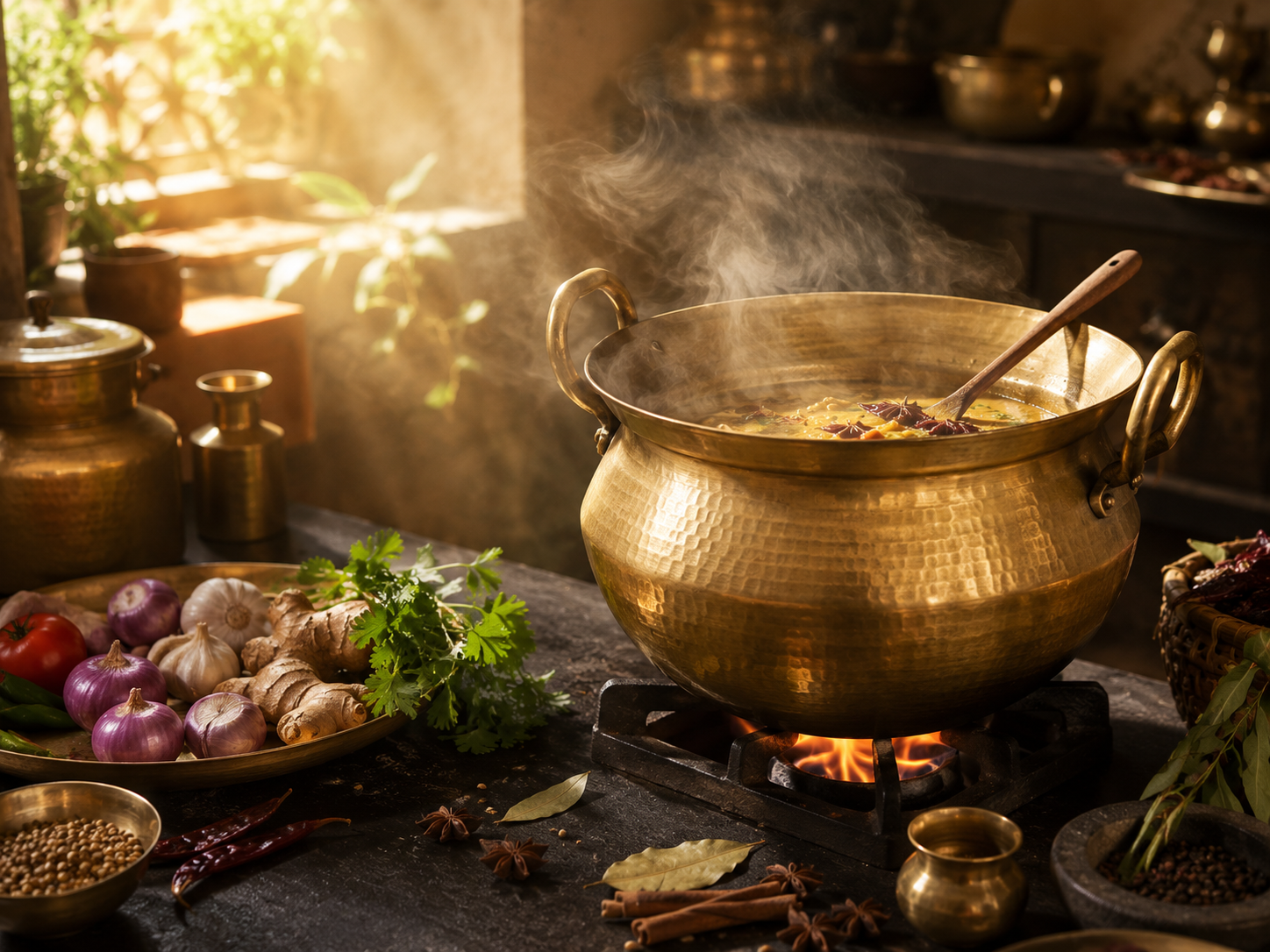 Copper saucepan simmering fresh herbs with steam rising