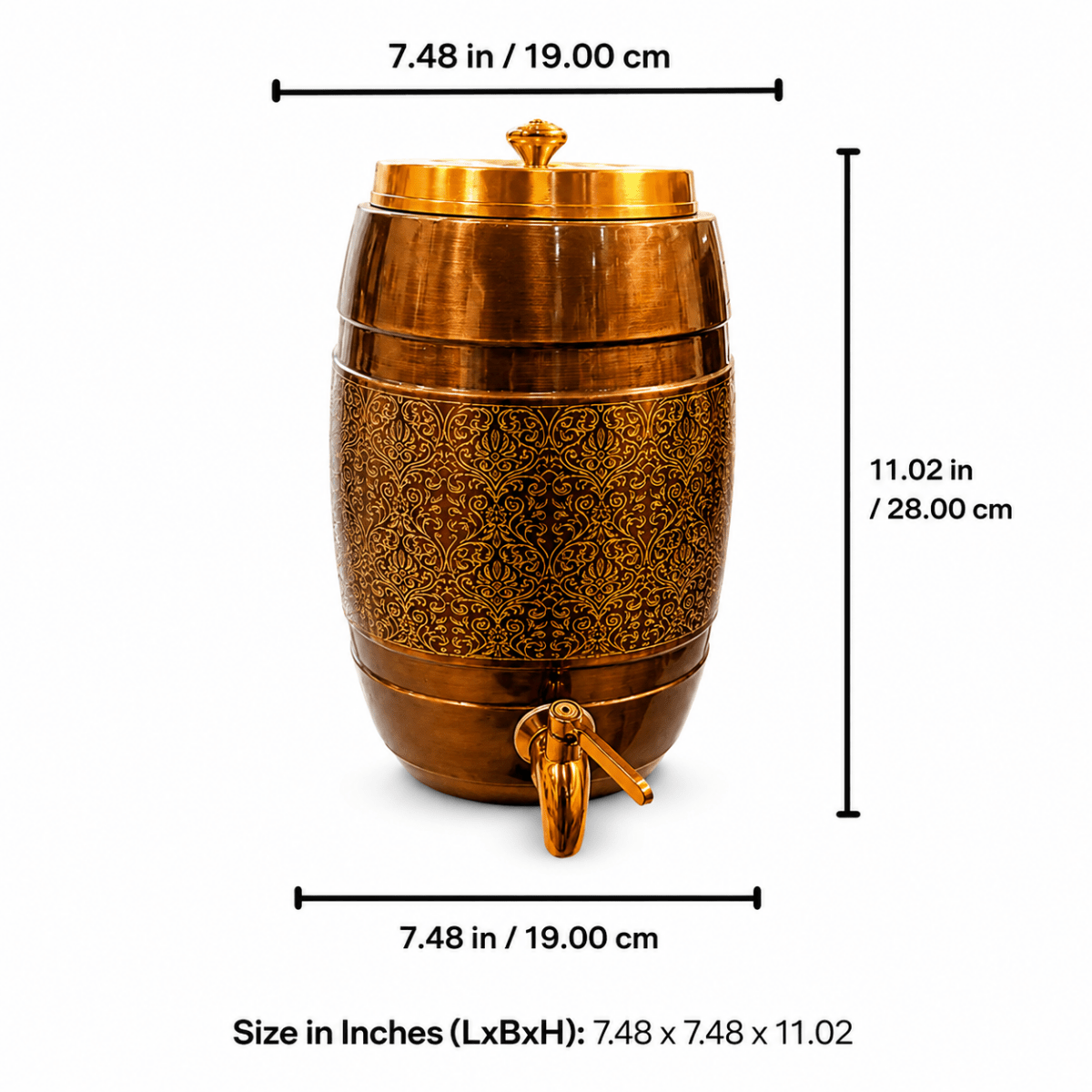 5 Liter Pure Copper Water Dispenser - Dholak Shape with Lesser Etching Antique Finish - 5000 ML - Royalstuffs.com