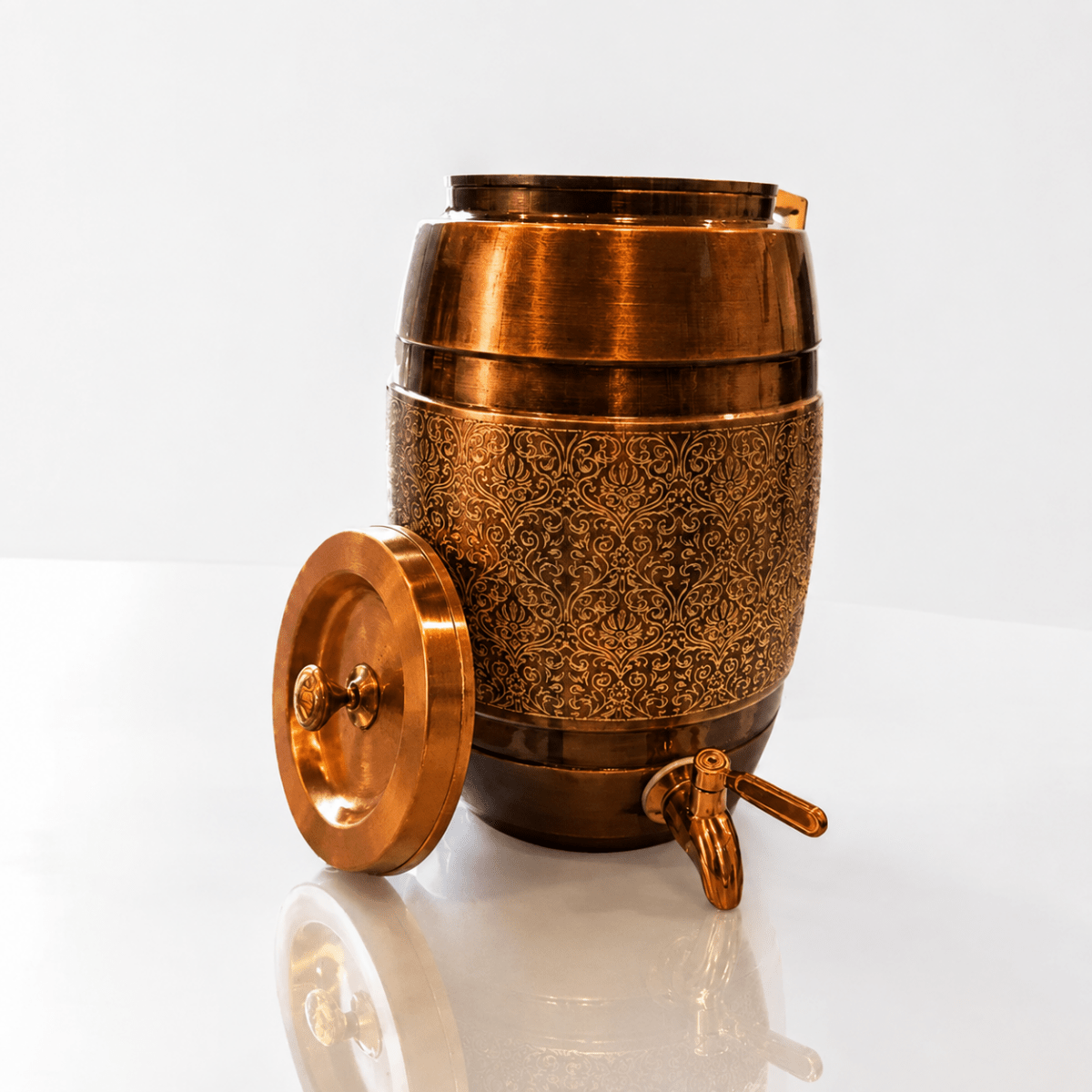 5 Liter Pure Copper Water Dispenser - Dholak Shape with Lesser Etching Antique Finish - 5000 ML - Royalstuffs.com