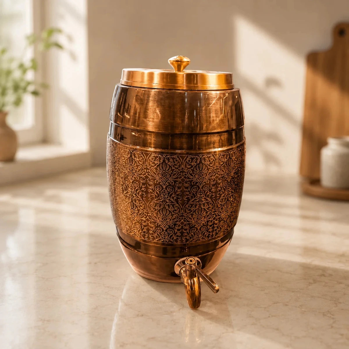 5 Liter Pure Copper Water Dispenser - Dholak Shape with Lesser Etching Antique Finish - 5000 ML - Royalstuffs.com