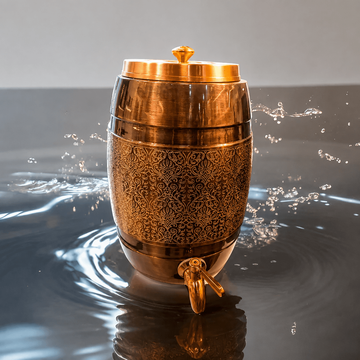 5 Liter Pure Copper Water Dispenser - Dholak Shape with Lesser Etching Antique Finish - 5000 ML - Royalstuffs.com