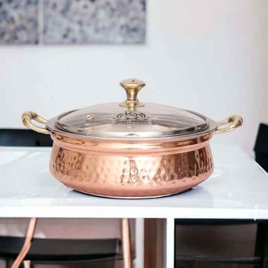 500 ML Steel Copper Hammered Design Handi/Bowl/Casserole with Toughened Glass Lid - Royalstuffs.com