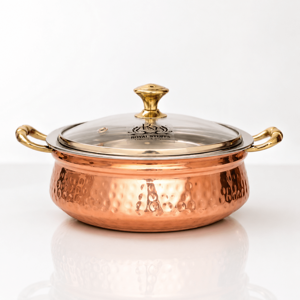 500 ML Steel Copper Hammered Design Handi/Bowl/Casserole with Toughened Glass Lid - Royalstuffs.com