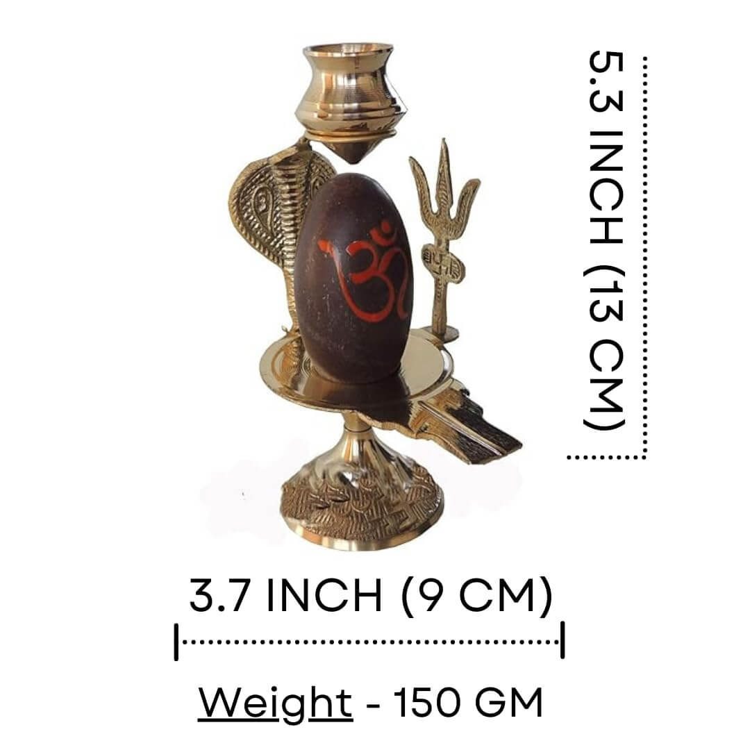 5.3 inch Narmadeshwar Shivling/Shiva Pindi with Brass Trishul, Sheshnaag & Temple Stand - Royalstuffs.com