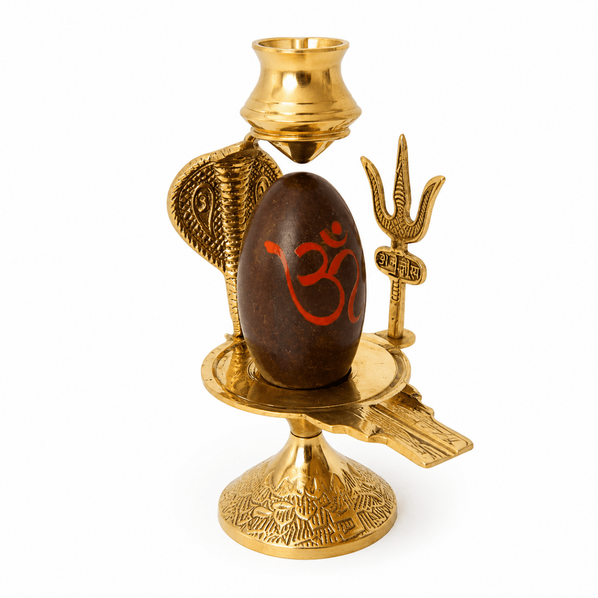 5.3 inch Narmadeshwar Shivling/Shiva Pindi with Brass Trishul, Sheshnaag & Temple Stand - Royalstuffs.com