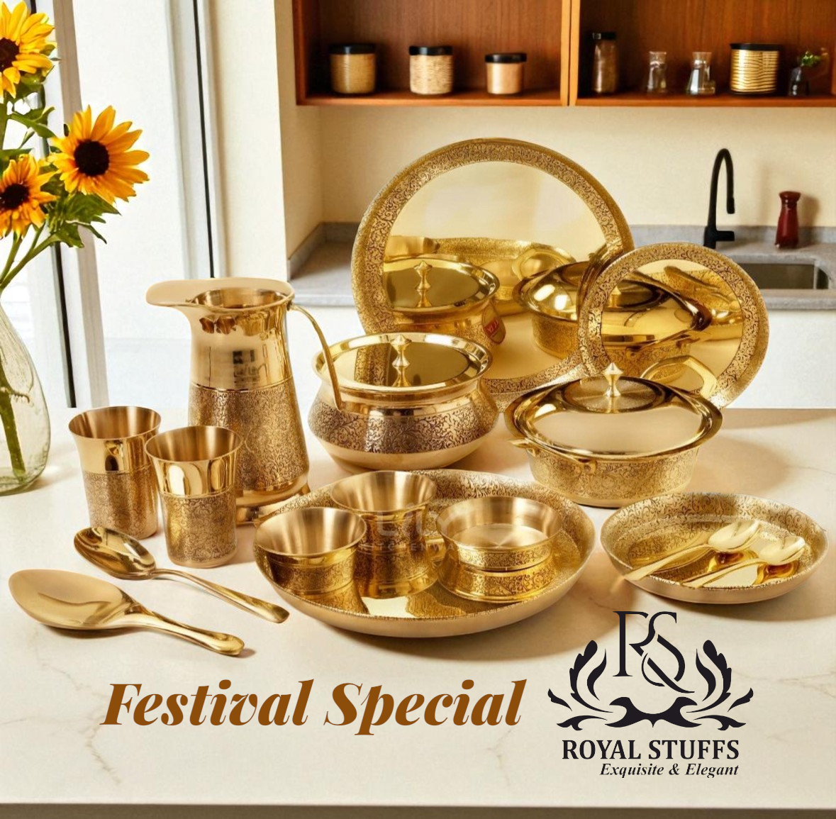 Brass 57 Pcs Engraved Dinner Set – Luxury Festival Special