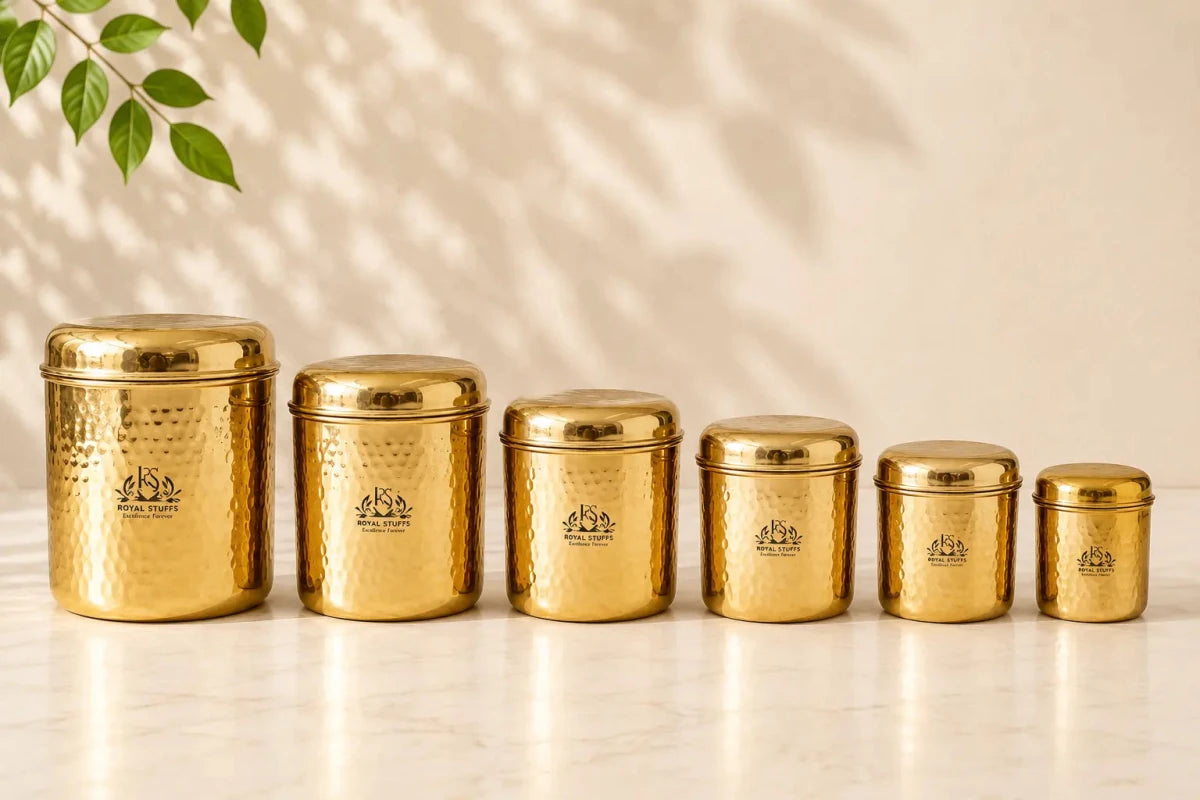 6 All Size Set of Brass Containers | Brass Storage Boxes | Brass Dabba - Royalstuffs.com