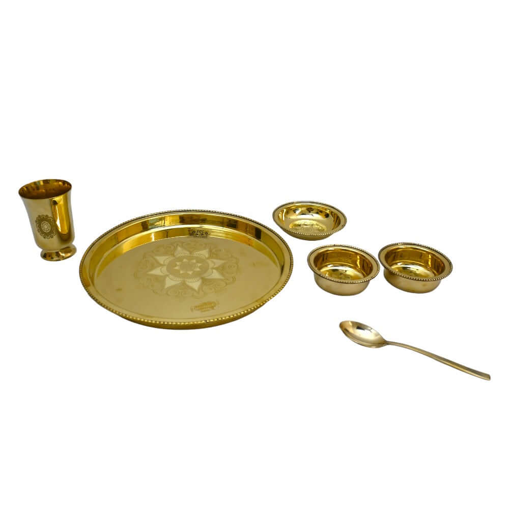 6 Items Brass Thali set, 1 Thali 2 Bowls, 1 Dessert Plate , 1 Glass and 1 Spoon Dinner Set (Gold) - Royalstuffs.com