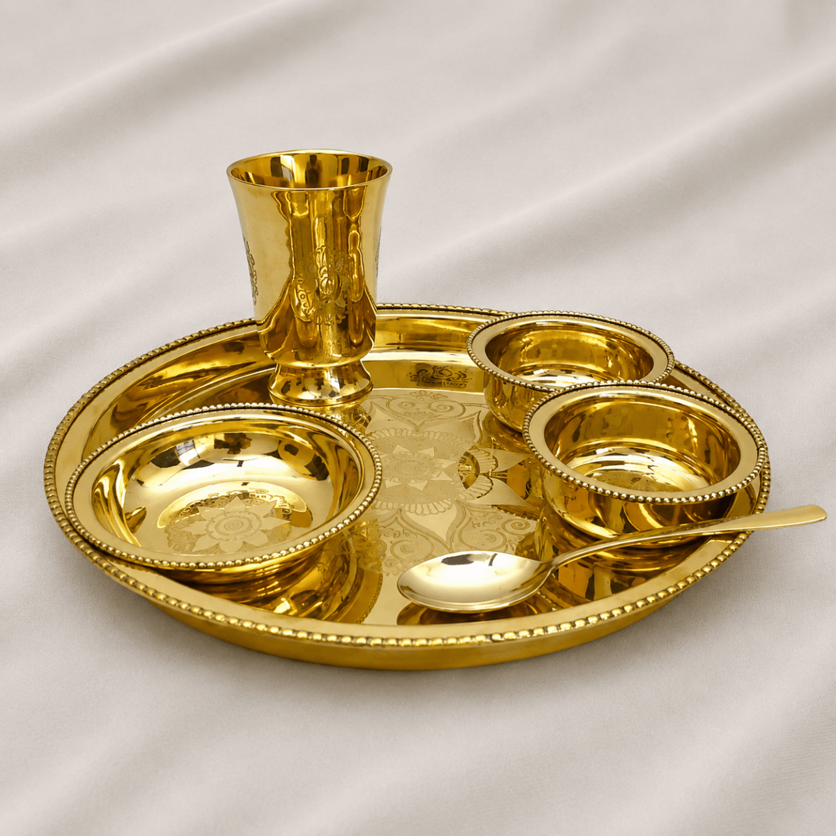 6 Items Brass Thali set, 1 Thali 2 Bowls, 1 Dessert Plate , 1 Glass and 1 Spoon Dinner Set (Gold) - Royalstuffs.com