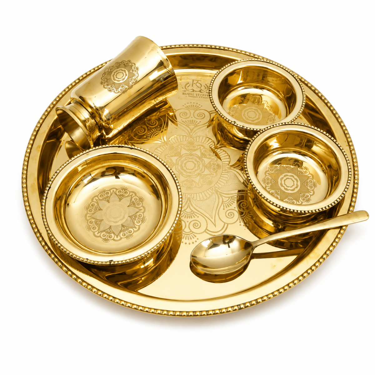6 Items Brass Thali set, 1 Thali 2 Bowls, 1 Dessert Plate , 1 Glass and 1 Spoon Dinner Set (Gold) - Royalstuffs.com