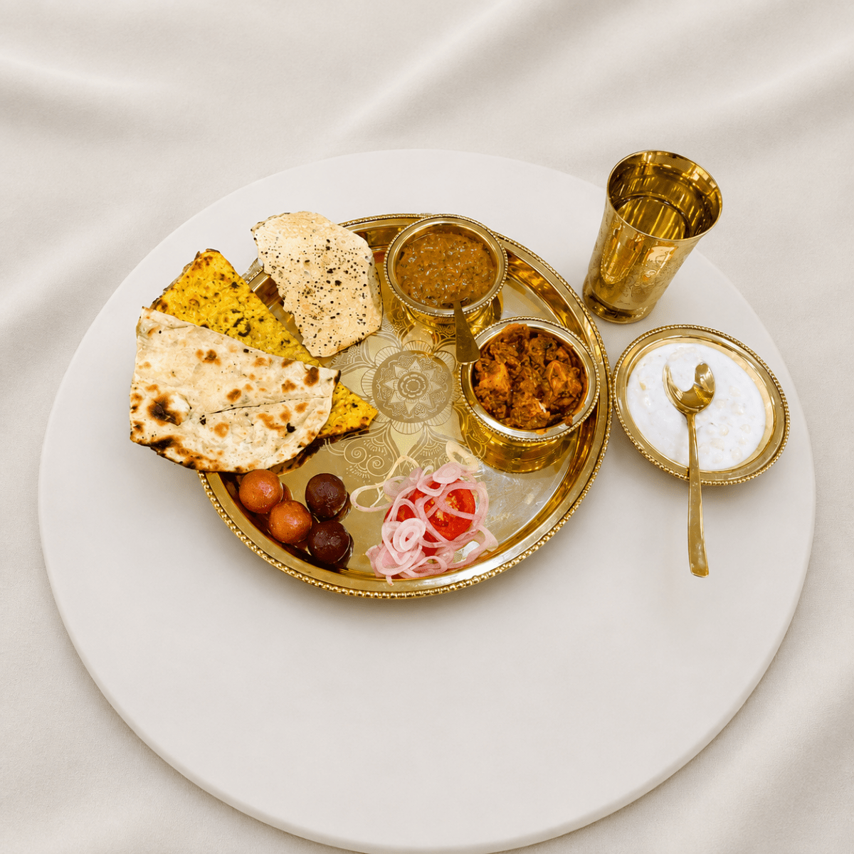 6 Items Brass Thali set, 1 Thali 2 Bowls, 1 Dessert Plate , 1 Glass and 1 Spoon Dinner Set (Gold) - Royalstuffs.com