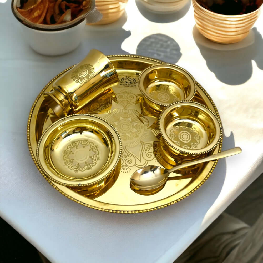 6 Items Brass Thali set, 1 Thali 2 Bowls, 1 Dessert Plate , 1 Glass and 1 Spoon Dinner Set (Gold) - Royalstuffs.com